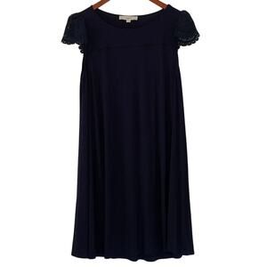 LOFT Navy Blue T-Shirt Dress with Lace Cap Sleeves, A-Line, Flowy, Soft, L